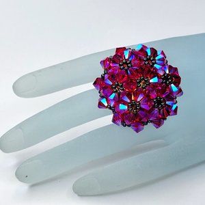 Fuchsia Sparkling Crystal Ring Bicone Beads Cluster Ring Glitter Stretch Ring